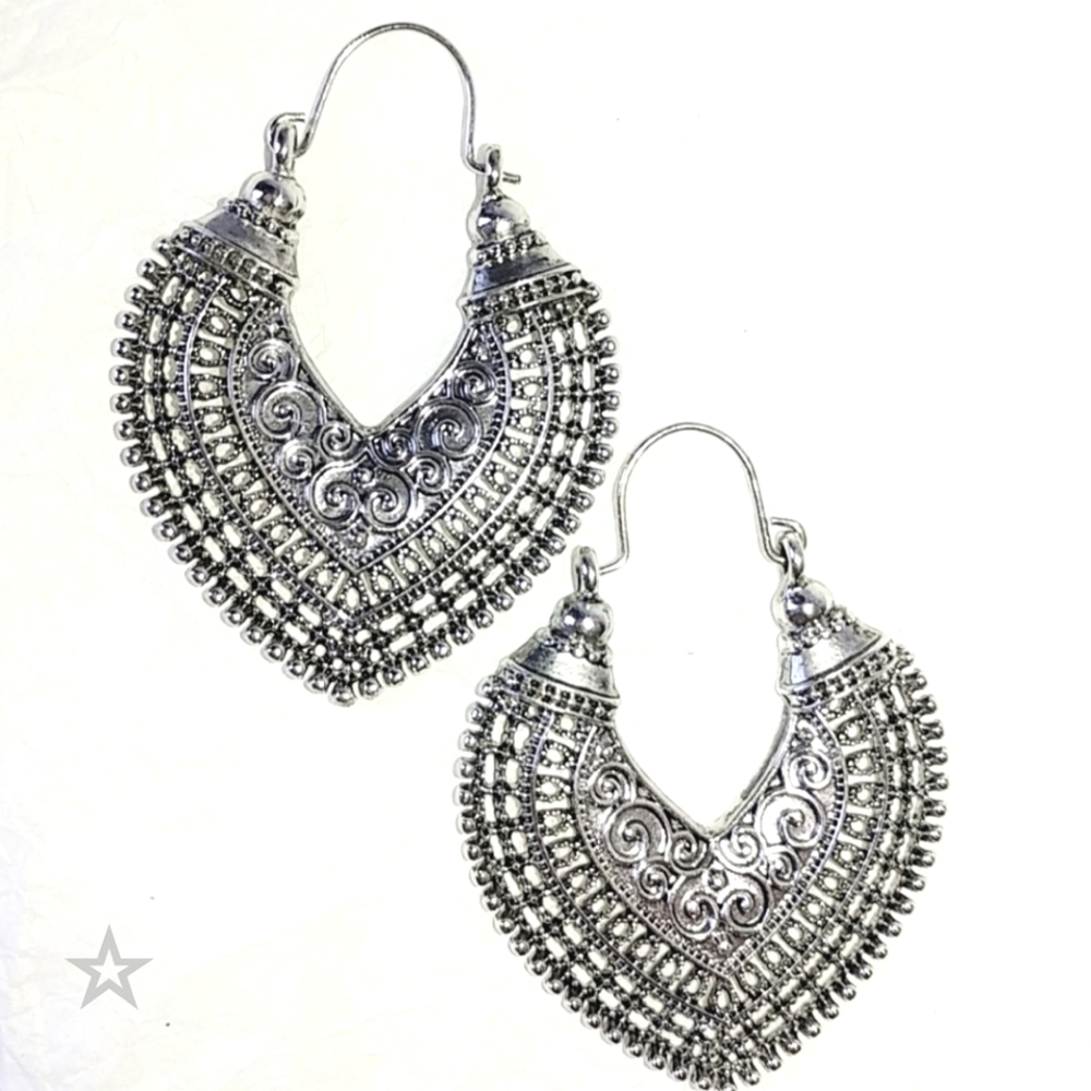 TRIBAL BOHO FANCY FILIGREE STYLE HOOP EARRINGS - SILVERTONE